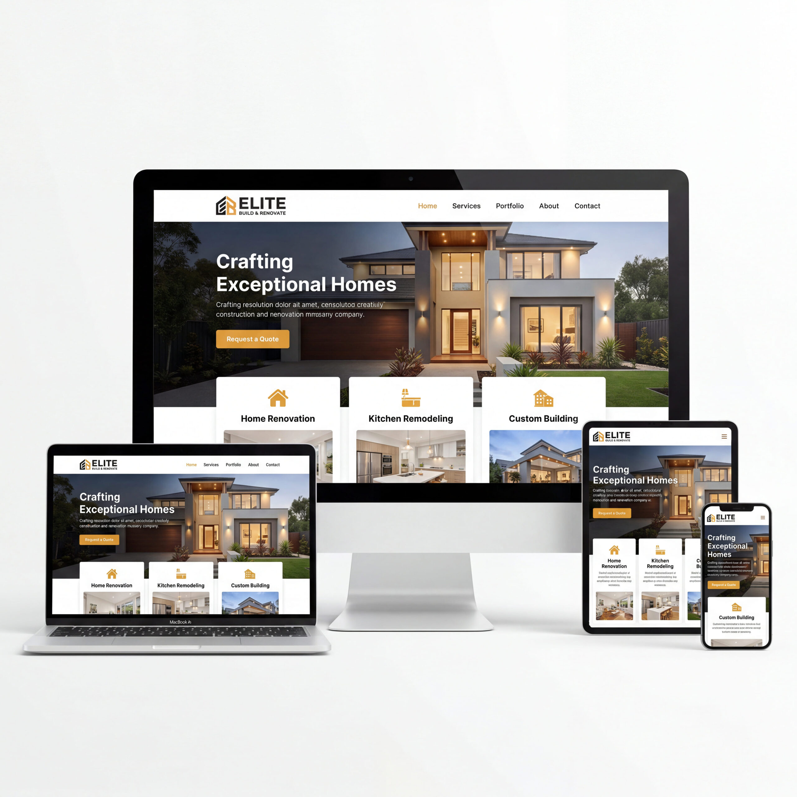 Sito web professionale per imprese edili visualizzato su desktop, laptop, tablet e smartphone con design responsive moderno.