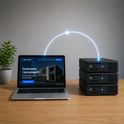 Laptop con sito web aziendale e server professionali collegati tramite connessione cloud, hosting gestito per siti web aziendali.