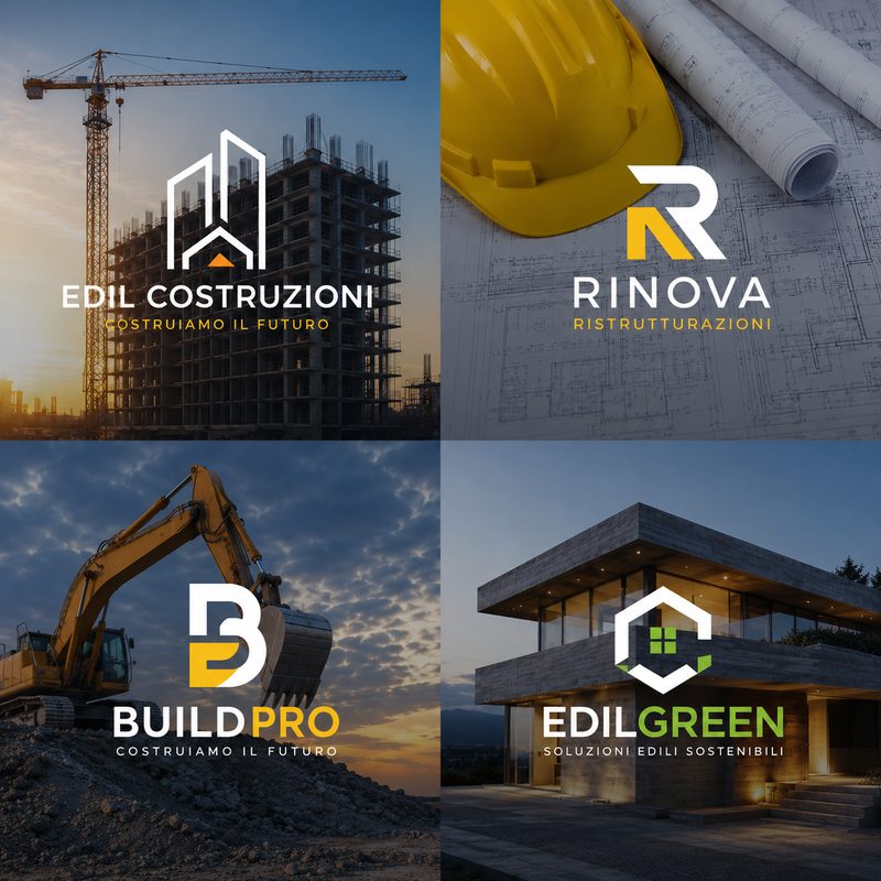Collage professionale con esempi di loghi per aziende edili, costruzioni, ristrutturazioni e abitazioni moderne.
