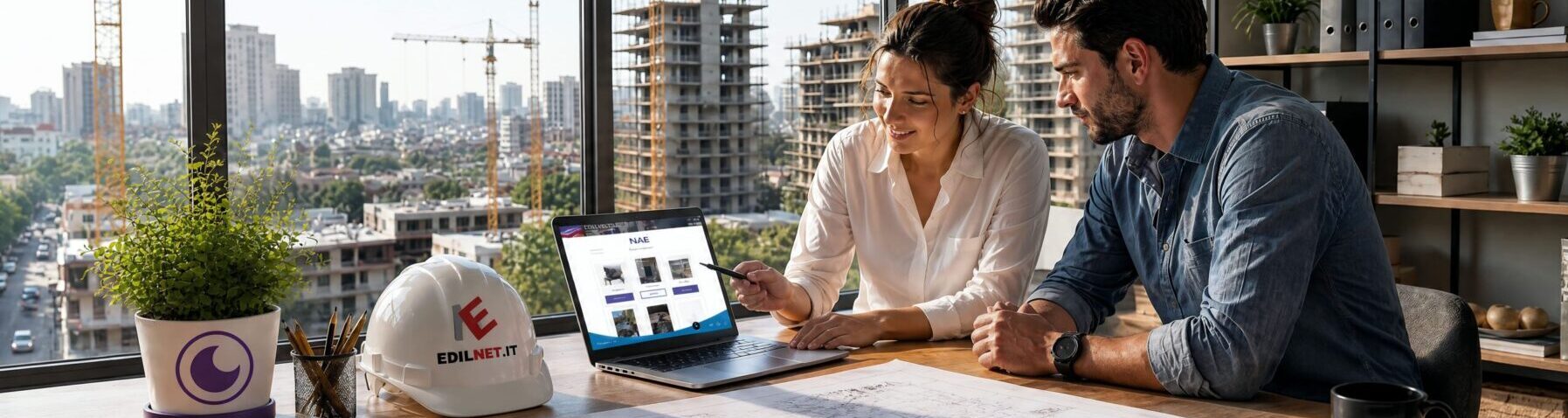 Due professionisti osservano un sito web su laptop in un ufficio moderno con cantiere sullo sfondo.